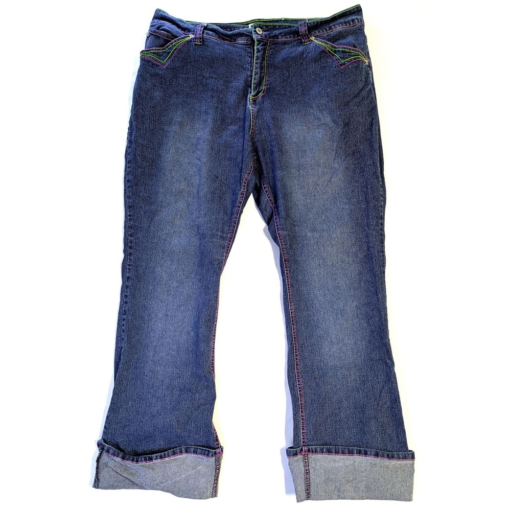 Sunshine Apparel Plus Size 22W Neon Contrast Stitch Cuffed Wide Leg Jeans Blue